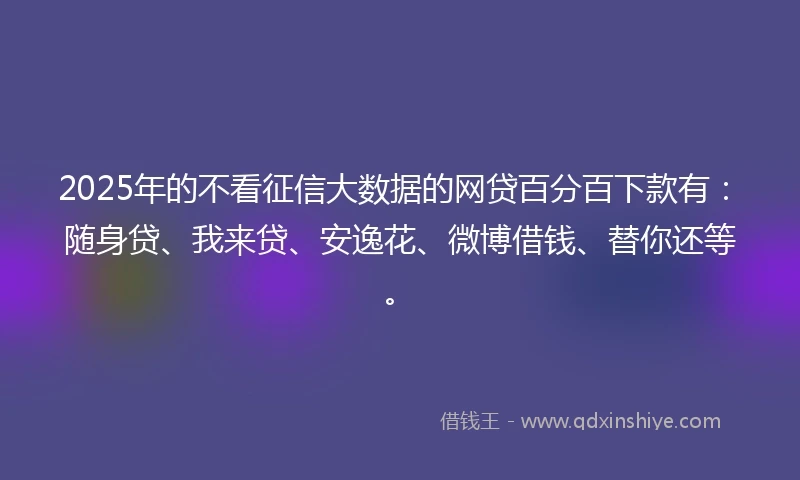 2025年的不看征信大数据的网贷百分百下款有：随身贷、我来贷、安逸花、微博借钱、替你还等。