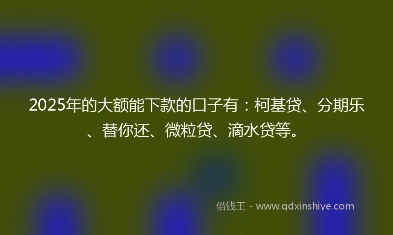 2025年的大额能下款的口子有：柯基贷、分期乐、替你还、微粒贷、滴水贷等。