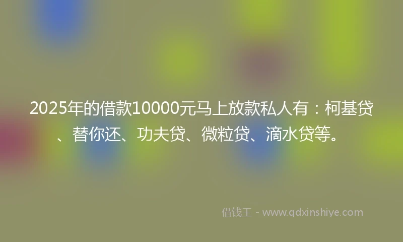 2025年的借款10000元马上放款私人有：柯基贷、替你还、功夫贷、微粒贷、滴水贷等。