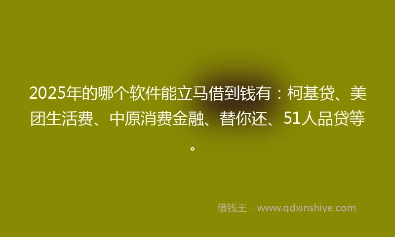 2025年的哪个软件能立马借到钱有：柯基贷、美团生活费、中原消费金融、替你还、51人品贷等。