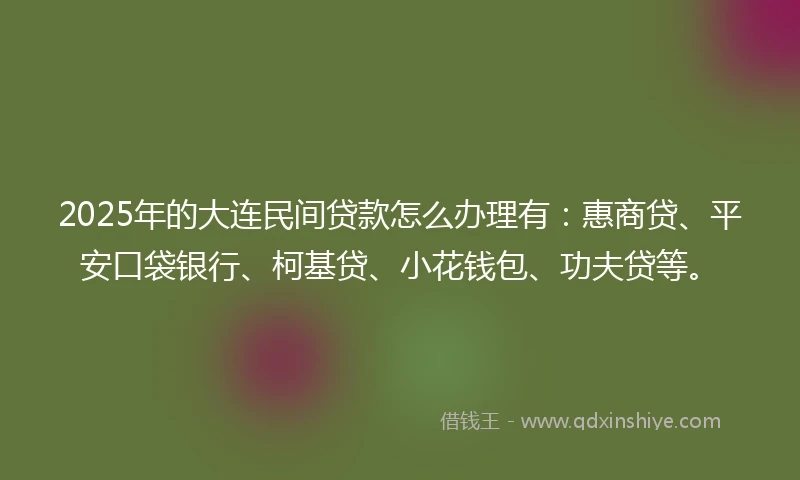 2025年的大连民间贷款怎么办理有：惠商贷、平安口袋银行、柯基贷、小花钱包、功夫贷等。