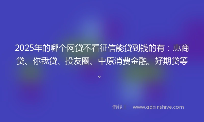 2025年的哪个网贷不看征信能贷到钱的有：惠商贷、你我贷、投友圈、中原消费金融、好期贷等。