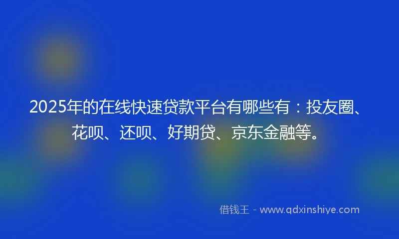 2025年的在线快速贷款平台有哪些有：投友圈、花呗、还呗、好期贷、京东金融等。
