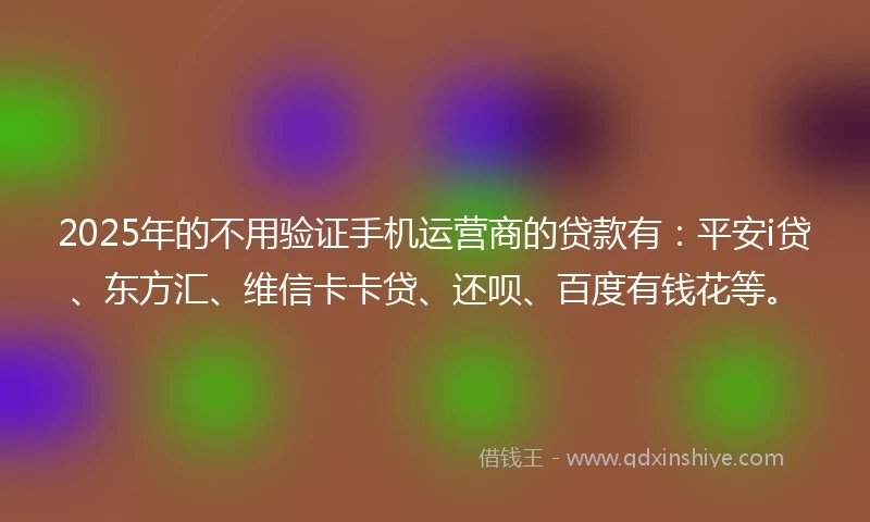 2025年的不用验证手机运营商的贷款有：平安i贷、东方汇、维信卡卡贷、还呗、百度有钱花等。