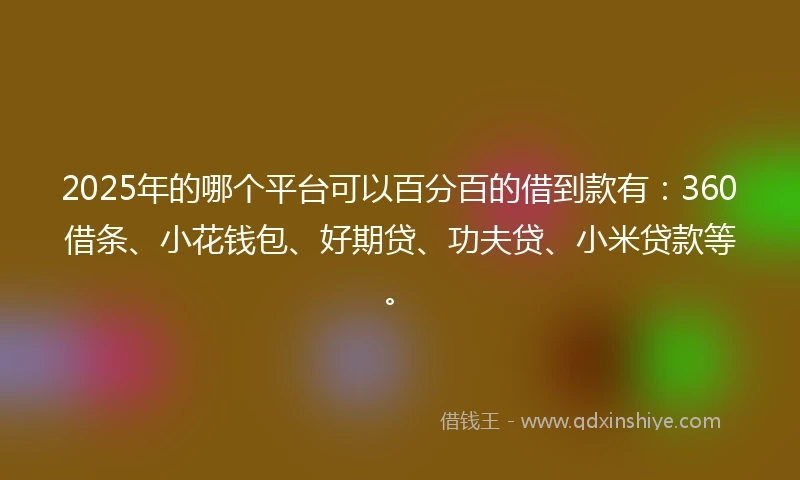 2025年的哪个平台可以百分百的借到款有：360借条、小花钱包、好期贷、功夫贷、小米贷款等。