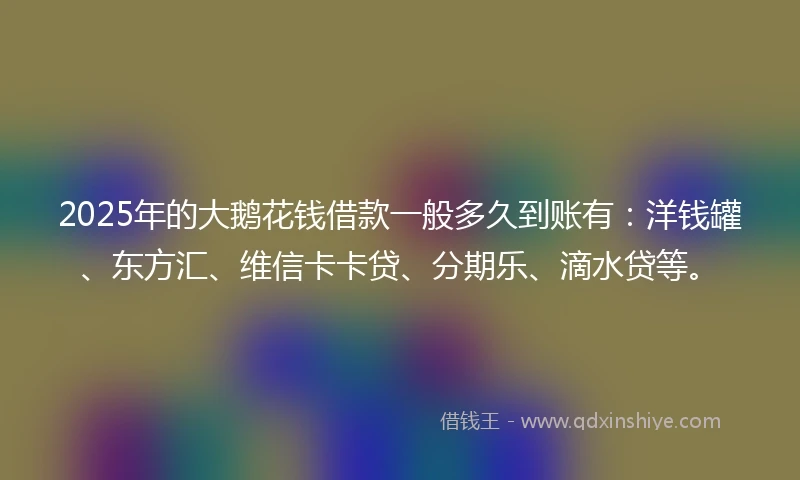 2025年的大鹅花钱借款一般多久到账有：洋钱罐、东方汇、维信卡卡贷、分期乐、滴水贷等。