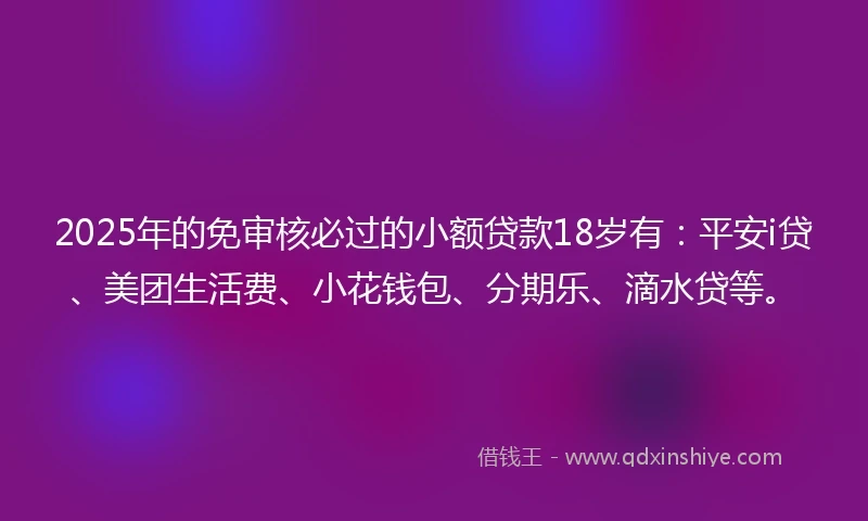 2025年的免审核必过的小额贷款18岁有：平安i贷、美团生活费、小花钱包、分期乐、滴水贷等。