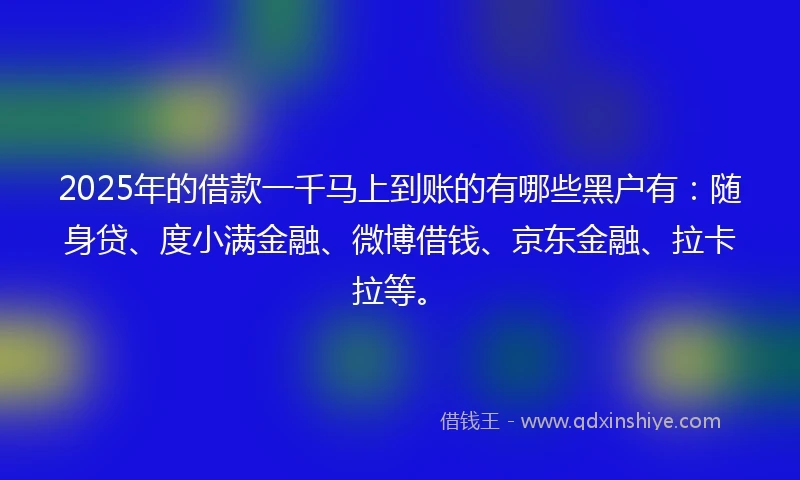 2025年的借款一千马上到账的有哪些黑户有：随身贷、度小满金融、微博借钱、京东金融、拉卡拉等。
