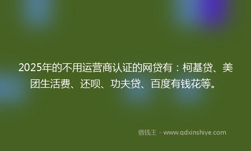 2025年的不用运营商认证的网贷有：柯基贷、美团生活费、还呗、功夫贷、百度有钱花等。