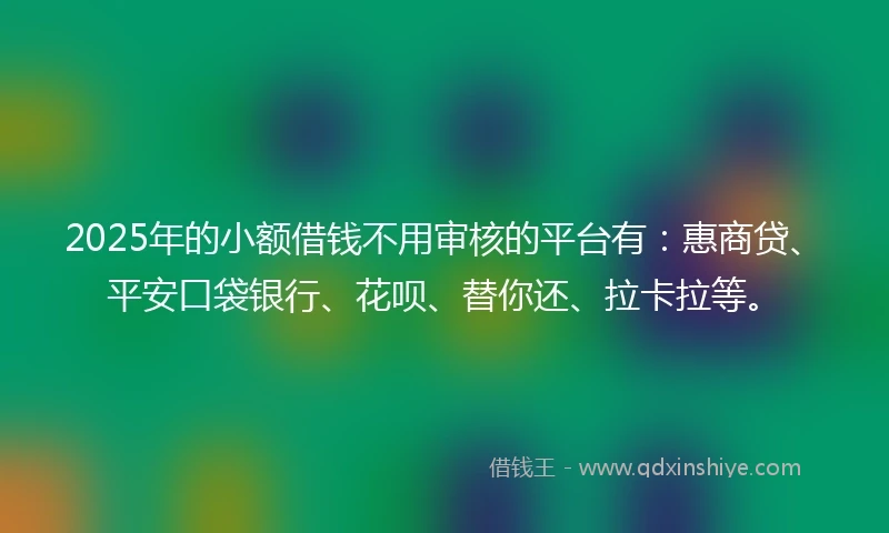 2025年的小额借钱不用审核的平台有：惠商贷、平安口袋银行、花呗、替你还、拉卡拉等。