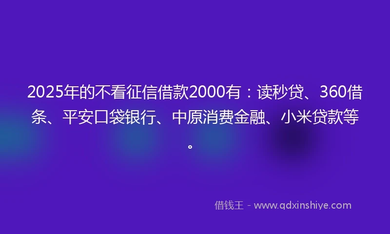 2025年的不看征信借款2000有：读秒贷、360借条、平安口袋银行、中原消费金融、小米贷款等。