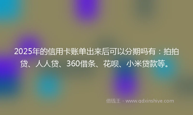 2025年的信用卡账单出来后可以分期吗有：拍拍贷、人人贷、360借条、花呗、小米贷款等。