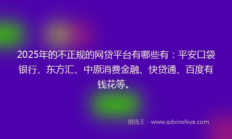 2025年的不正规的网贷平台有哪些有：平安口袋银行、东方汇、中原消费金融、快贷通、百度有钱花等。