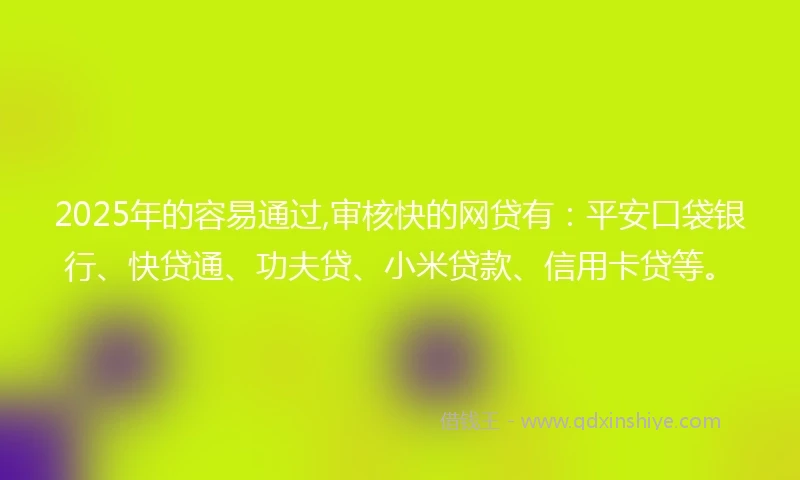 2025年的容易通过,审核快的网贷有：平安口袋银行、快贷通、功夫贷、小米贷款、信用卡贷等。