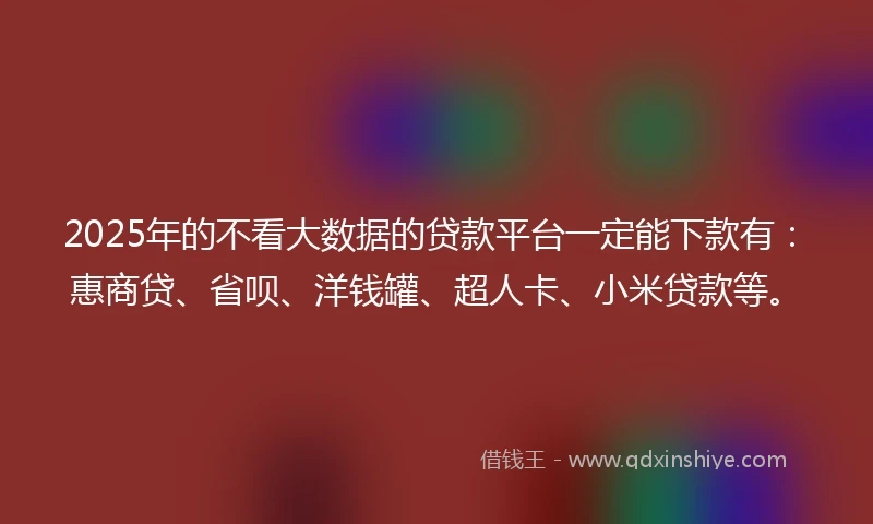 2025年的不看大数据的贷款平台一定能下款有：惠商贷、省呗、洋钱罐、超人卡、小米贷款等。