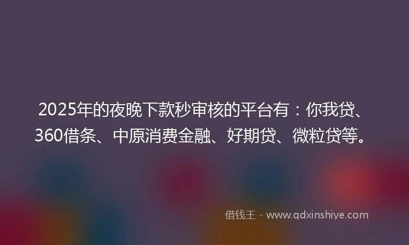2025年的夜晚下款秒审核的平台有：你我贷、360借条、中原消费金融、好期贷、微粒贷等。
