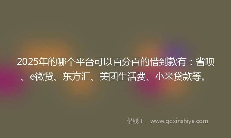 2025年的哪个平台可以百分百的借到款有：省呗、e微贷、东方汇、美团生活费、小米贷款等。