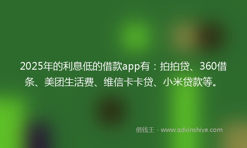 2025年的利息低的借款app有：拍拍贷、360借条、美团生活费、维信卡卡贷、小米贷款等。