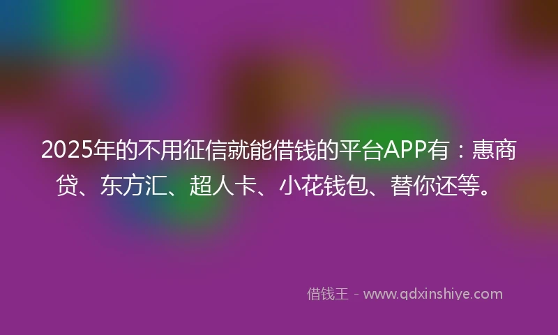 2025年的不用征信就能借钱的平台APP有：惠商贷、东方汇、超人卡、小花钱包、替你还等。