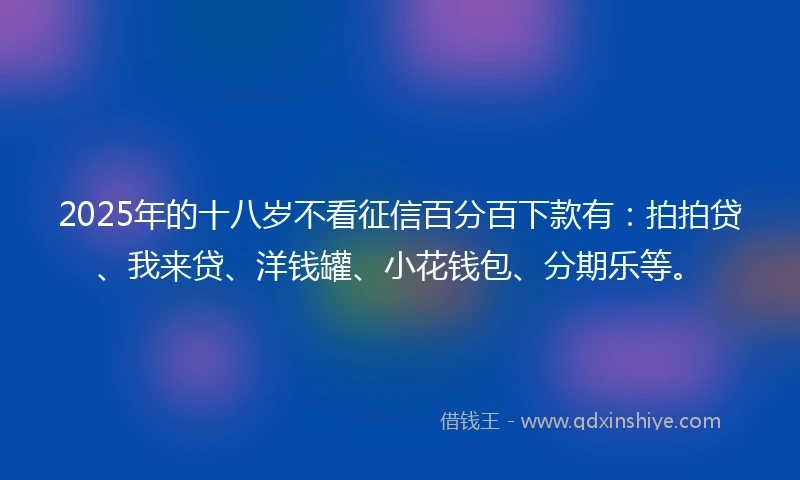 2025年的十八岁不看征信百分百下款有：拍拍贷、我来贷、洋钱罐、小花钱包、分期乐等。
