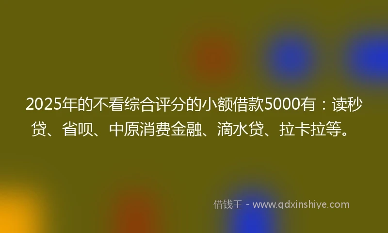 2025年的不看综合评分的小额借款5000有：读秒贷、省呗、中原消费金融、滴水贷、拉卡拉等。