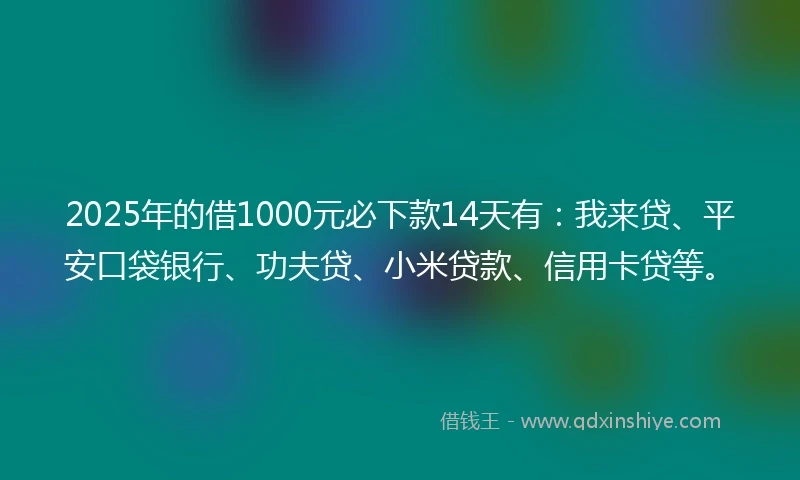 2025年的借1000元必下款14天有：我来贷、平安口袋银行、功夫贷、小米贷款、信用卡贷等。