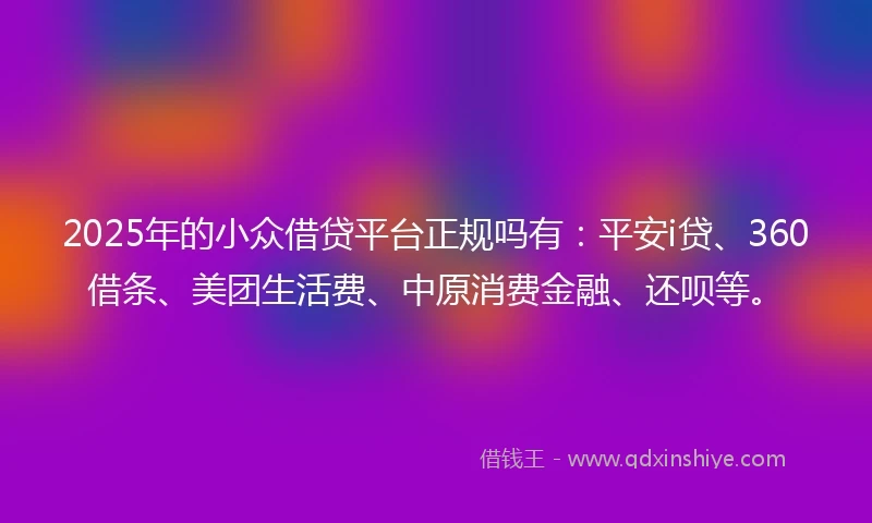 2025年的小众借贷平台正规吗有：平安i贷、360借条、美团生活费、中原消费金融、还呗等。