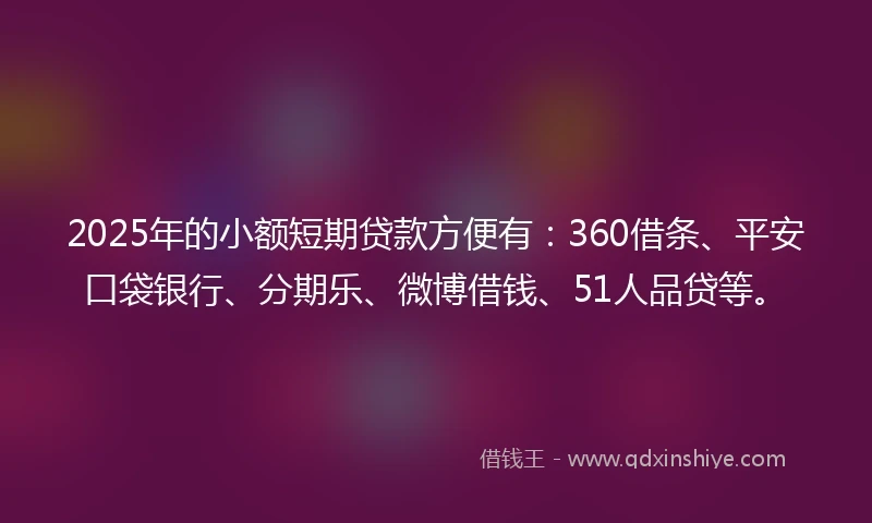 2025年的小额短期贷款方便有：360借条、平安口袋银行、分期乐、微博借钱、51人品贷等。