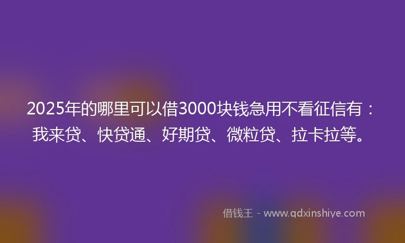 2025年的哪里可以借3000块钱急用不看征信有：我来贷、快贷通、好期贷、微粒贷、拉卡拉等。