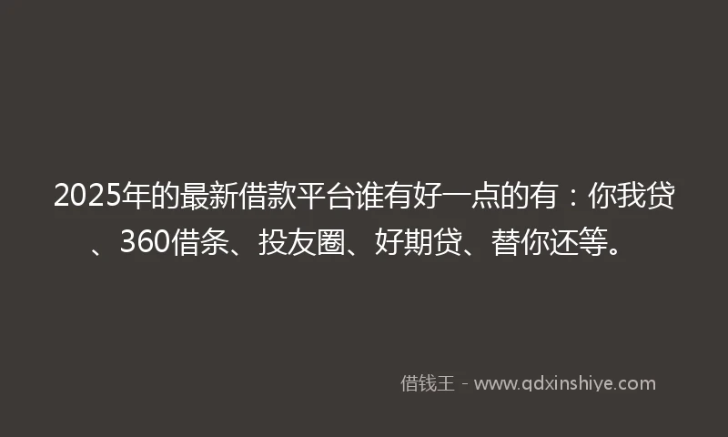 2025年的最新借款平台谁有好一点的有：你我贷、360借条、投友圈、好期贷、替你还等。