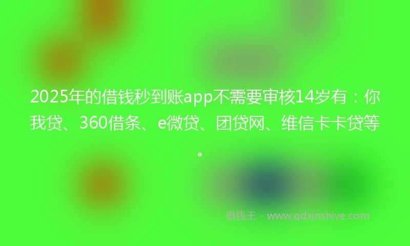 2025年的借钱秒到账app不需要审核14岁有：你我贷、360借条、e微贷、团贷网、维信卡卡贷等。