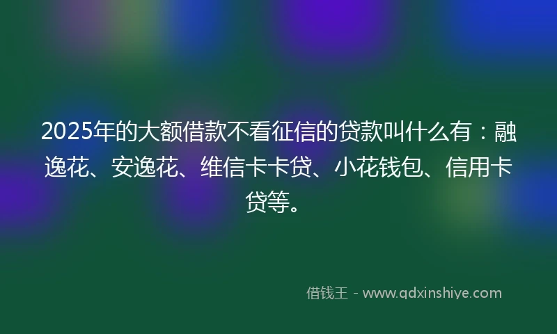 2025年的大额借款不看征信的贷款叫什么有:融逸花、安逸花、维信卡卡贷、小花钱包、信用卡贷等。