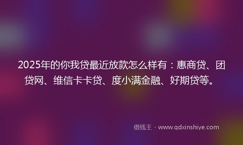 2025年的你我贷最近放款怎么样有：惠商贷、团贷网、维信卡卡贷、度小满金融、好期贷等。