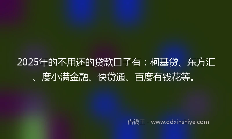 2025年的不用还的贷款口子有：柯基贷、东方汇、度小满金融、快贷通、百度有钱花等。