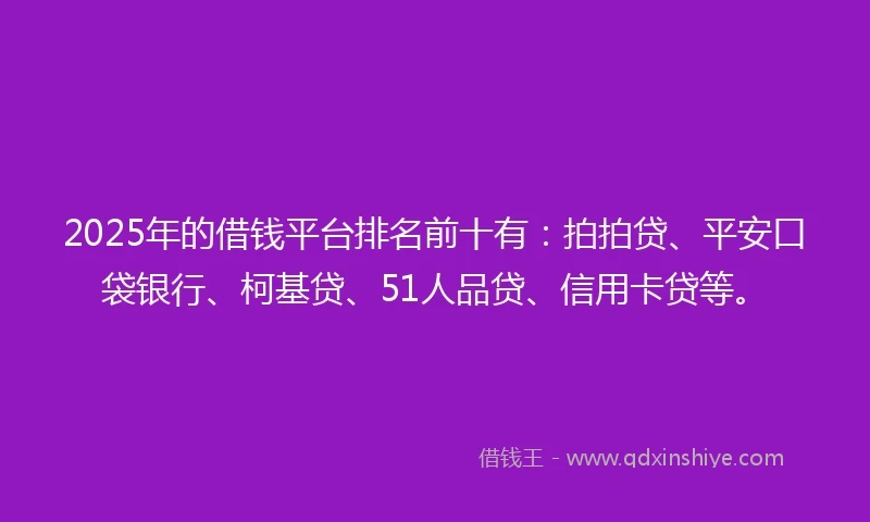 2025年的借钱平台排名前十有：拍拍贷、平安口袋银行、柯基贷、51人品贷、信用卡贷等。