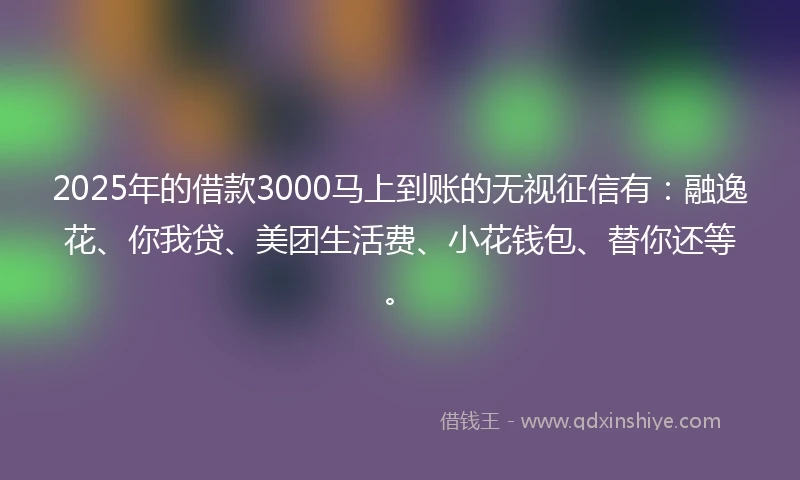 2025年的借款3000马上到账的无视征信有：融逸花、你我贷、美团生活费、小花钱包、替你还等。