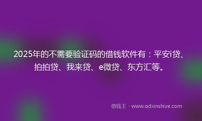 2025年的不需要验证码的借钱软件有：平安i贷、拍拍贷、我来贷、e微贷、东方汇等。