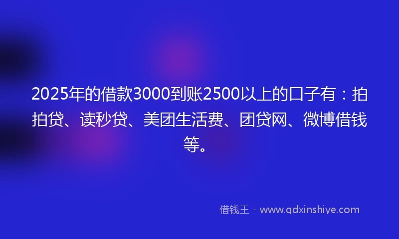 2025年的借款3000到账2500以上的口子有：拍拍贷、读秒贷、美团生活费、团贷网、微博借钱等。