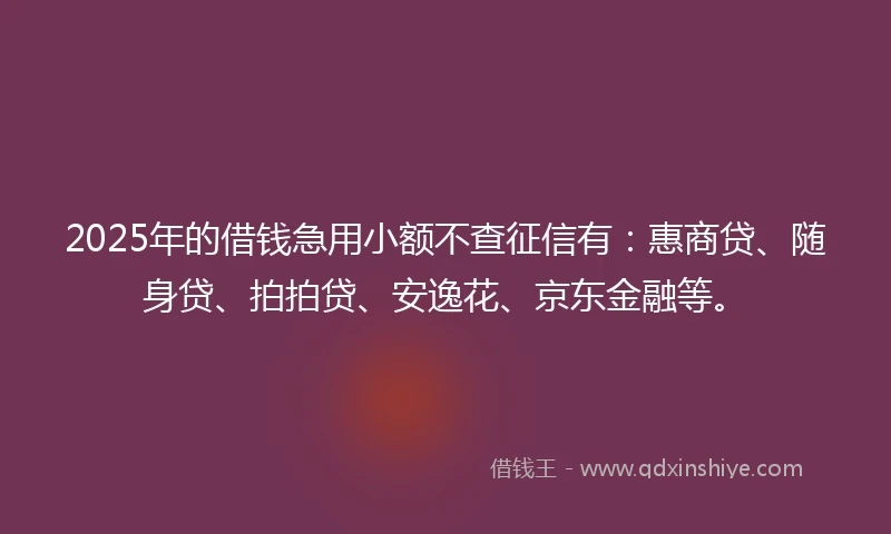 2025年的借钱急用小额不查征信有：惠商贷、随身贷、拍拍贷、安逸花、京东金融等。