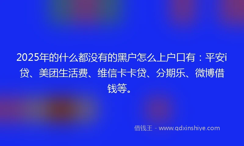 2025年的什么都没有的黑户怎么上户口有：平安i贷、美团生活费、维信卡卡贷、分期乐、微博借钱等。