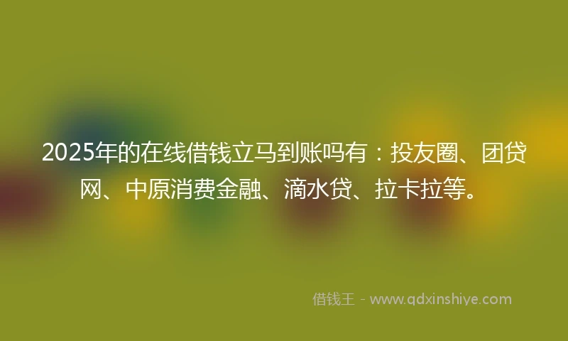 2025年的在线借钱立马到账吗有：投友圈、团贷网、中原消费金融、滴水贷、拉卡拉等。