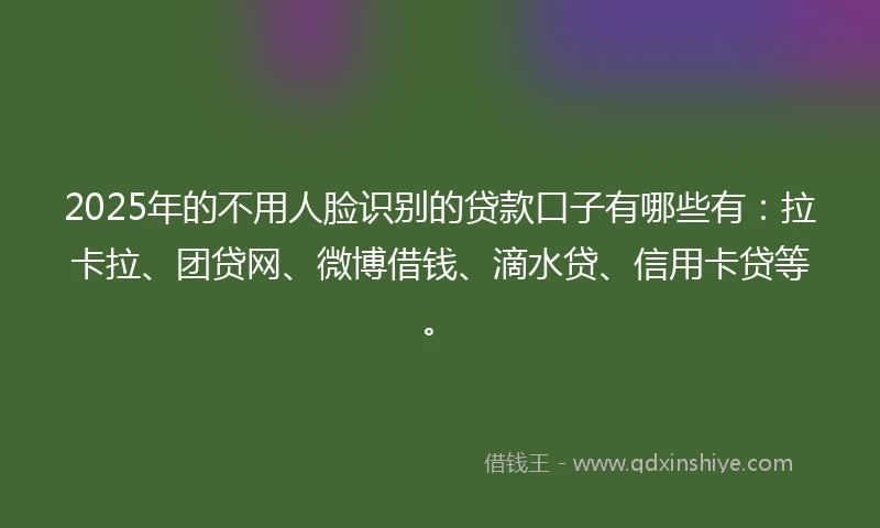 2025年的不用人脸识别的贷款口子有哪些有：拉卡拉、团贷网、微博借钱、滴水贷、信用卡贷等。