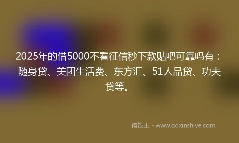 2025年的借5000不看征信秒下款贴吧可靠吗有：随身贷、美团生活费、东方汇、51人品贷、功夫贷等。