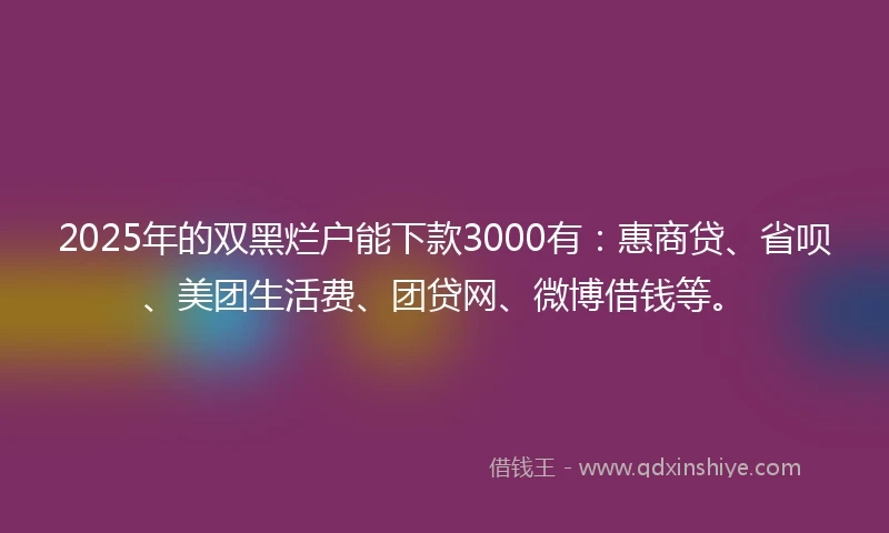 2025年的双黑烂户能下款3000有：惠商贷、省呗、美团生活费、团贷网、微博借钱等。