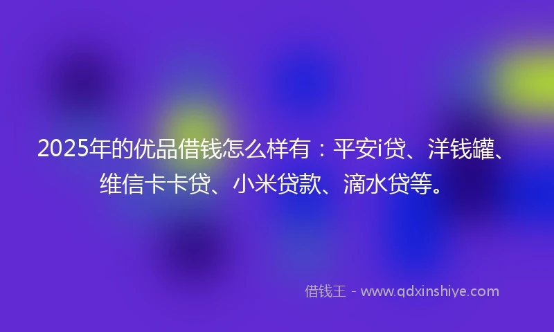2025年的优品借钱怎么样有：平安i贷、洋钱罐、维信卡卡贷、小米贷款、滴水贷等。