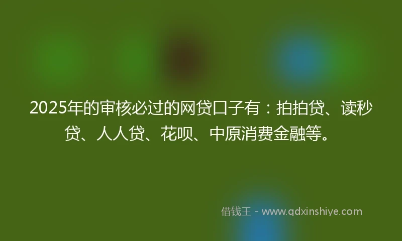 2025年的审核必过的网贷口子有：拍拍贷、读秒贷、人人贷、花呗、中原消费金融等。