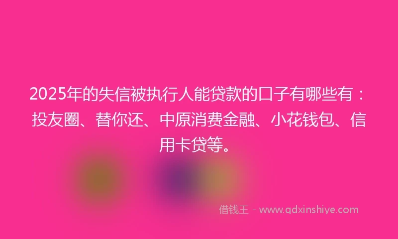2025年的失信被执行人能贷款的口子有哪些有：投友圈、替你还、中原消费金融、小花钱包、信用卡贷等。