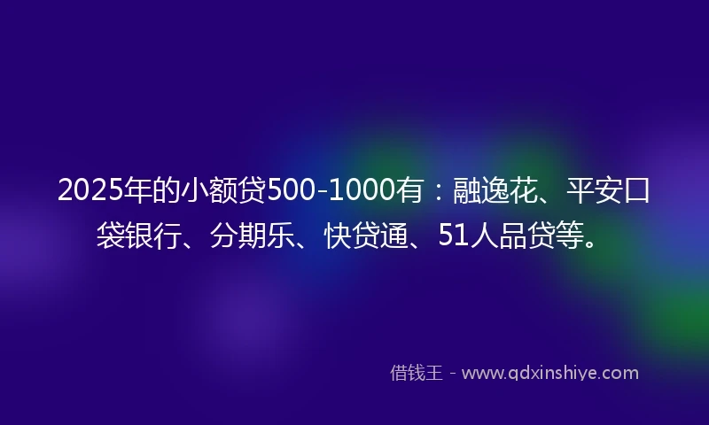 2025年的小额贷500-1000有：融逸花、平安口袋银行、分期乐、快贷通、51人品贷等。