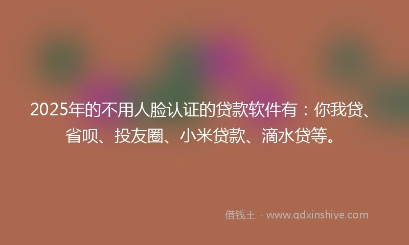 2025年的不用人脸认证的贷款软件有：你我贷、省呗、投友圈、小米贷款、滴水贷等。