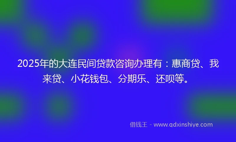 2025年的大连民间贷款咨询办理有：惠商贷、我来贷、小花钱包、分期乐、还呗等。